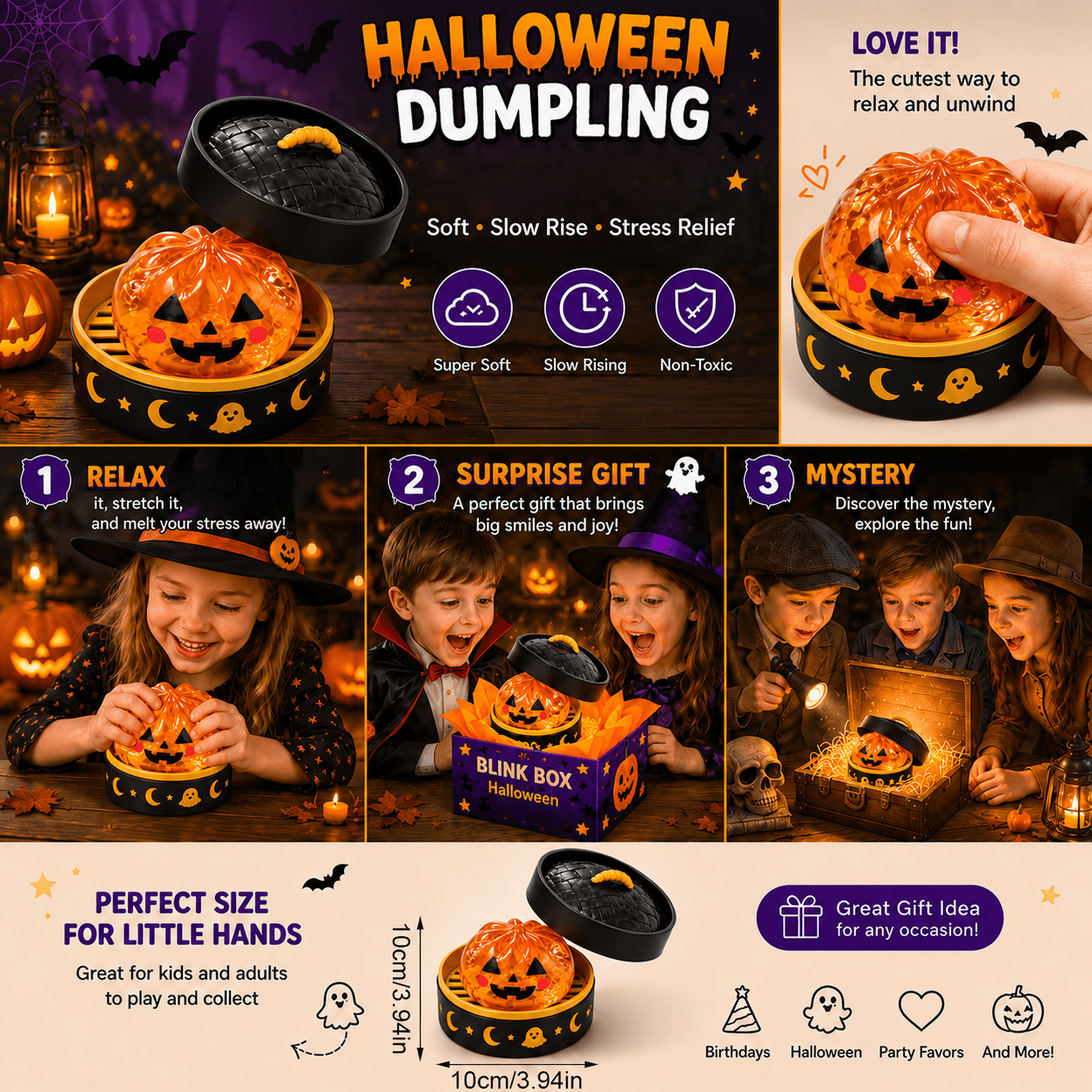👻 Halloween Glitter Squishy Dumpling Surprise Set – 5 Spooky Styles, Perfect for Party Favors & Rewards